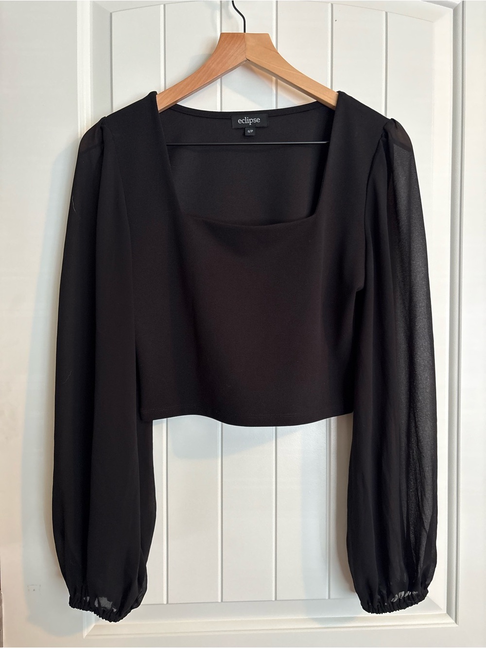Eclipse Black Square-Neck Cropped Blouse with Sheer Sleeves